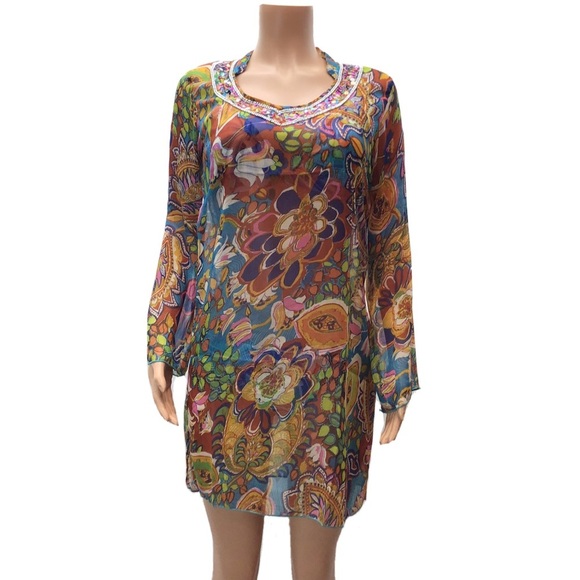 Sunflower Floral Sequin Neckline Long Sleeve Sheer Swimsuit Cover Up Size Small - Picture 2 of 9
